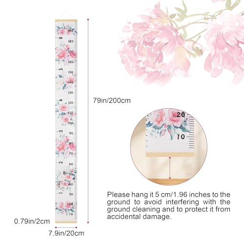 Canvas Kids Growth Chart for Wall, Floral Height Measurement Tracker for Baby Girl, Hanging Ruler with Removable Hook, Nursery Room Playroom Toddler Bedroom Decor, 79”x7.9” Pink