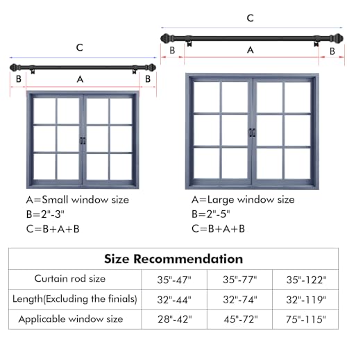 Curtain Rods for Windows 35-47 inch, 5/8 inch Matte Black Curtain Rod with Brackets Adjustable Telescoping for Bedroom Kitchen Study Living Room