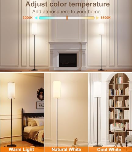 luckystyle Dimmable Floor Standing Tall Lamp, 12W Led Bulb with Lampshade, Foot Switch, Remote Custom Color Temperature Pole for Bedroom, Office, Kids & Living Room, Black