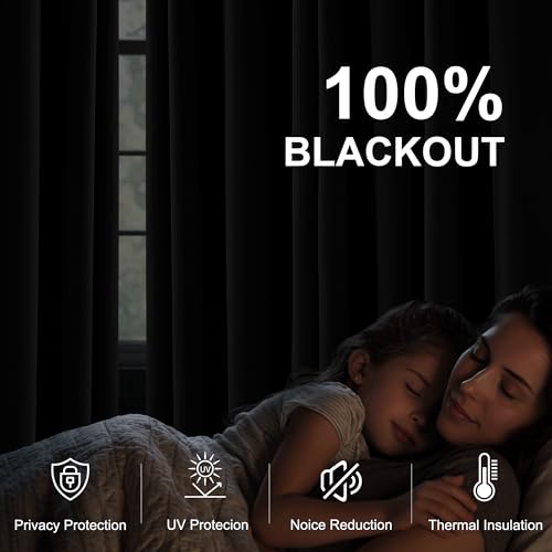 NICETOWN 100% Black Out Curtains 84 inch Long for Living Room, Rod Pocket Blackout Window Treatment Thermal Curtains & Drapes for Bedroom, W52 x L84, 2 Panels