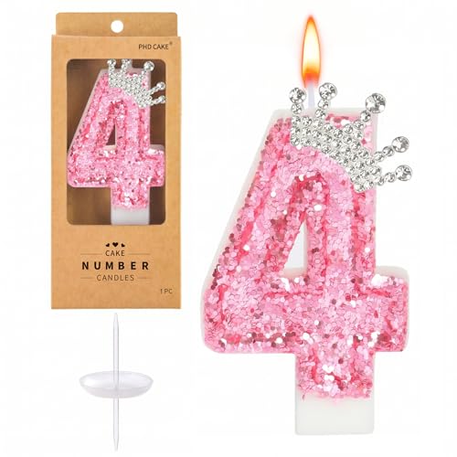 PHD CAKE Birthday Number Candles,Pink Crown Birthday Candles for Cake,Glitter Number 4 Candle Cake Topper with Sequins for Girls,Women, Anniversary Celebrations Supplies