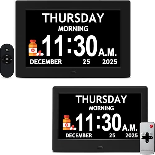 7" Black& 10.1" Black Dementia Clock Set (2-Pack) - Large Digital Display with Date/Time, Auto Dimming, 6 Alarms, Remote Control