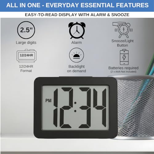 Digital Clock Large Display Battery Operated | Easy Read 2.5" LCD Alarm Clock with On Demand Backlight, 12/24 Hour, Small Desk Clock for Office Kitchen Bedroom