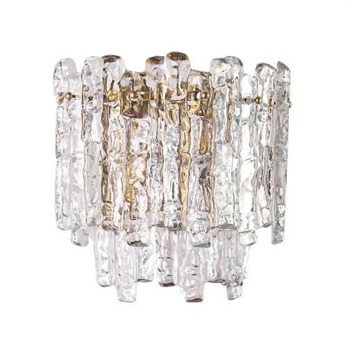 Wall Light, Luxury Crystal Wall Sconce, Gold Metal and Clear Textured Glass Ice Block Lamp, E14 3-Light 3-Color Dimmable LED Fixture for Bedroom Living Room Hallway Dining Room Parlor
