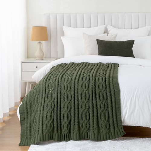 Battilo Olive Green Throw Blanket for Couch, Chunky Cable Knit Blanket, Woven Soft Cozy Chenille Throw Blanket for Bed, Sofa, Chair, Living Room, 51"x67"