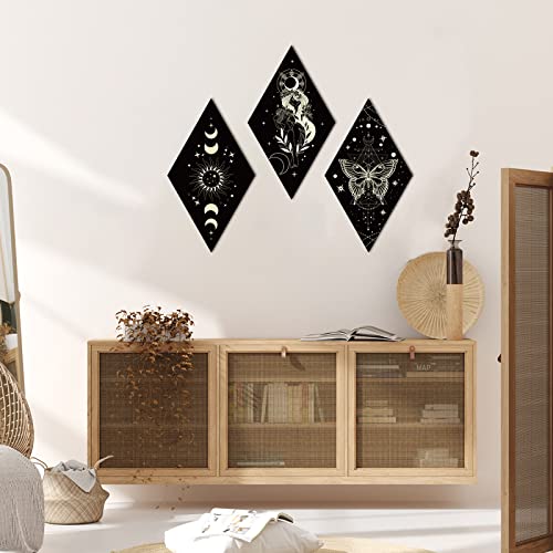 Sintuff 6 Pieces Gothic Wall Decor Boho Sun Moon Phases Wall Art Gothic Minimalist Stars Sun Hanging Wooden Home Decor Farmhouse Pediments for Gallery Living Bedroom Room(Boho)
