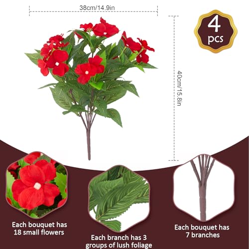 Daynight 4 Pcs Artificial Impatiens Flowers for Outdoor Flowers UV Resistant Faux Red Flowers Impatiens Bushes Silk Artificial Flowers Bouquet for Patio Garden Porch Decor (4, Red)