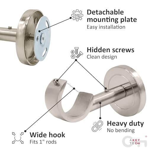 Heavy Duty Curtain Rod Brackets for Wall & Ceiling Installation, 2 Pack Ceiling Mount Curtain Holders, Hardware Bracket Set for 1 Inch Rods, Brushed Nickel