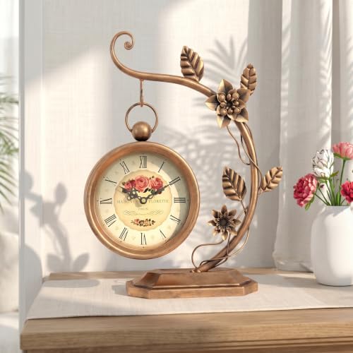 Floral Plant Desk Clock, Vintage Gold Table Clock with Leaf Pattern, Silent Non-Ticking Battery Operated Decorative Shelf Mantel Clock for Living Room Bedroom Home Decor Gift for Women