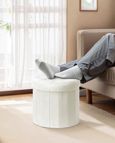 Bsketa Round Storage Ottoman, 14" Folding Velvet Foot Stool Rest,Beige