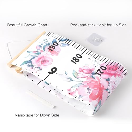 Canvas Kids Growth Chart for Wall, Floral Height Measurement Tracker for Baby Girl, Hanging Ruler with Removable Hook, Nursery Room Playroom Toddler Bedroom Decor, 79”x7.9” Pink