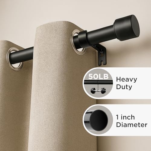 Joydeco Curtain Rods for Windows 32-120 Inch, 1 Inch Diameter Heavy Duty Adjustable Black Curtain Rods for Bedroom, Kitchen, Sliding Glass Door
