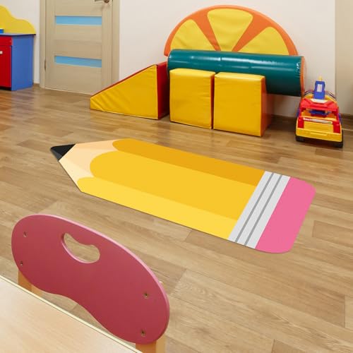 JarThenaAMCS 7 x 3 Ft Pencil Classroom Rug Large Yellow Floor Mat Back to School Non-Slip Soft Fluffy Doormat Carpet for Home Nursery Playroom Decor