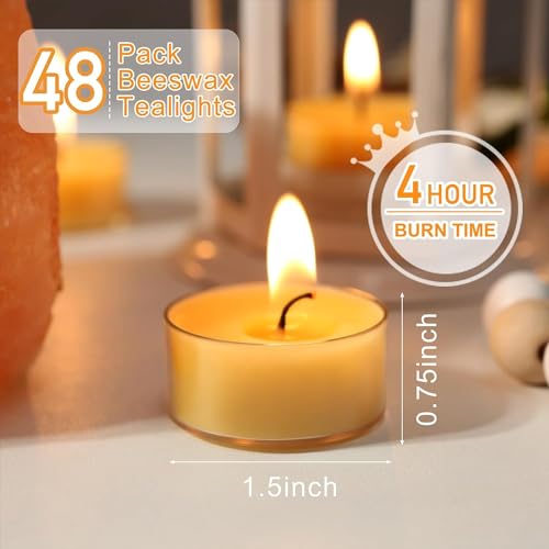 48 Packs Beeswax Tealight Candles, 100% Pure Beeswax Candles | 4-Hour Extended Burn Time | Natural Beeswax Tea Candle in Clear Cup, Perfect for Home Decor,Air Purification,Fragrance