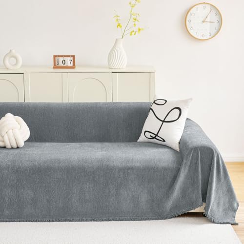 hyha Couch Cover for Dogs, Boho Sofa Covers for 3 Cushion Couch Washable, Chenille Sofa Slipcover for Pets, Soft Loveseat Sectional Couch Throw Blankets with Tassels (Grey, 71x118 Inch)