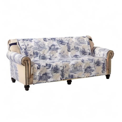 Brilliant Sunshine Blue Toile Couch Loveseat Cover, Quilted Sofa Cover for Dogs, Slip Resistant Furniture Protector with Strap, Washable Slipcover for Kids and Pets, Blue Beige (54" seat)