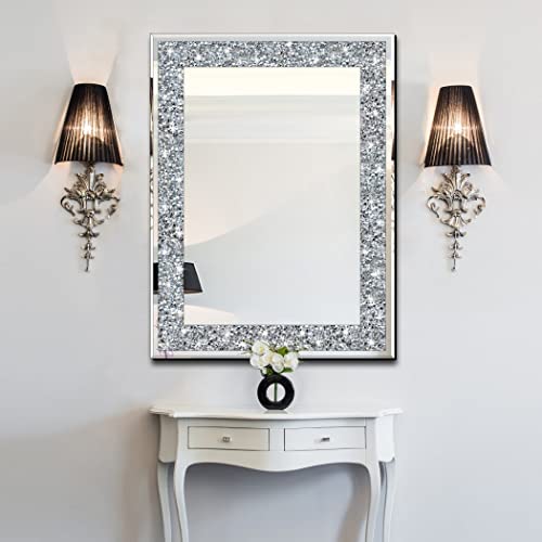 QMDECOR Crystal Crush Diamond Rectangle Silver Mirror for Wall Decoration 24x32inch Wall Hang Frameless Mirror Acrylic Diamond Decor.