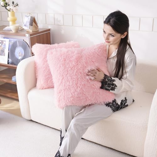 Faux Fur Pink Throw Pillow Covers, Fluffy Soft Fuzzy Decorative Pillow Cases Cute Pillowcases for Home Bedroom Living Room, Zipper Closure, Set of 2 (Pink, 18"x 18")
