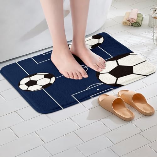jejeloiu Football Bathroom Rugs 16"x24" Kids Soccer Ball Pattern Bath Rugs for Shower Tub for Boys Girls Teens Sports Theme Bath Mats for Bathroom Non-Slip Football Court Bathroom Accossories