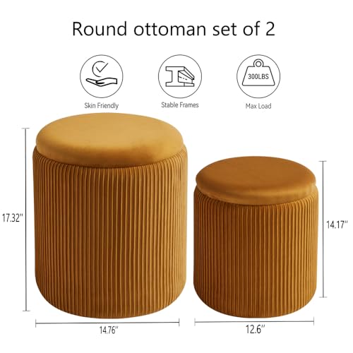 Set of 2 Round Storage Ottoman, Yellow Velvet Stool with Storage