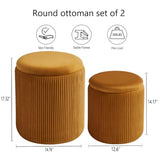 Set of 2 Round Storage Ottoman, Yellow Velvet Stool with Storage