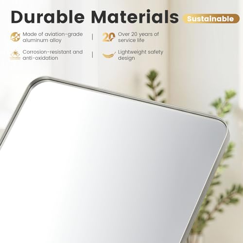 24X28 Inch Brushed Nickel Bathroom Mirror for Wall, Brushed Silver Metal Framed Mirror, Rounded Rectangle Silver Bathroom Mirrors, Tempered Glass