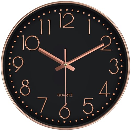 Silent Wall Clocks Battery Operated 8 Inch, Analog Wall Clock with Oversized Number Tempered Glass Clock Face, Non Ticking Wall Clocks for Living Room Bedroom Kitchen Office, Black Rose Gold