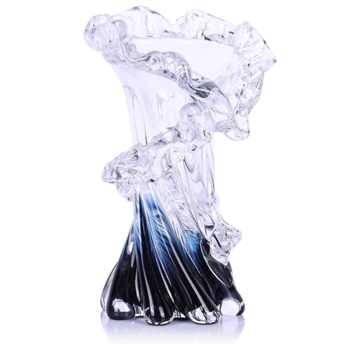 Hand Blown Blue Glass Vase, Unique Art Beautiful Ocean Glass Vase for Coastal Home Decor, Coffee Table, Living Room, Office Decor - 8" H