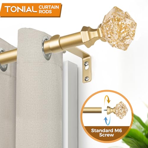 TONIAL Curtain Rod 32 to 58 Inch(2.6 to 4.8 ft), Splicing Adjustable 3/4 Single Rods for Windows 20 to 53 Inch(1.7 to 4.4 ft) Decorative Drapery Rod with Translucent Diamond Finial, Gold