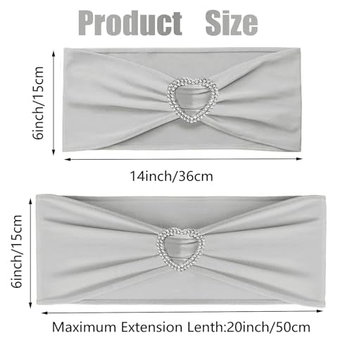 Silver Grey Chair Sashes 50 Pack Spandex Grey Sashes for Chairs Covers Universal Stretch Chair Sashes Band with Heart Buckle Slider for Wedding Banquet Party Decorations