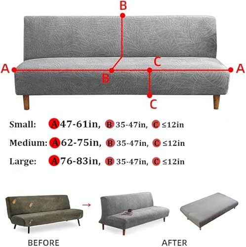 Armless Futon Cover Full Size, Waterproof Futon Couch Slipcovers, Stretch Jacquard Sofa Bed Cover, Furniture Protector with Elastic Bottom (Green 1,Medium(62-75in))