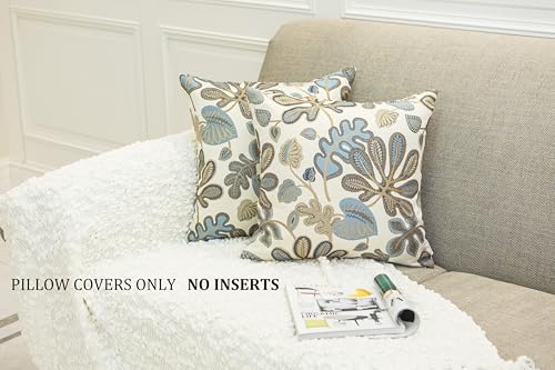Mika Home Set of 2 Jacquard Tropical Leaf Pattern Throw Pillow Covers Decorative Pillowcase 20x20 Inches, Blue Cream