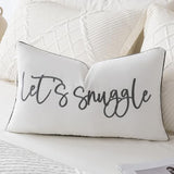 Sunkifover Let's Snuggle Decorative Lumbar Pillow Cover - 12x20 Inch White and Grey Cotton Embroidery Throw Pillowcase for Bed, Bedroom, Living Room, Home Decor