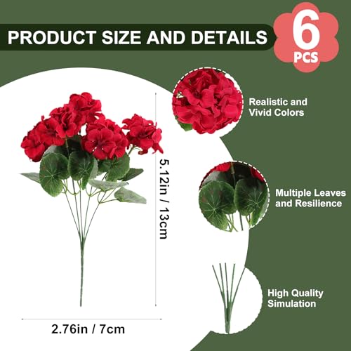 6 Bunches UV Resistant Red Artificial Flowers Geraniums – Lifelike Silk Fake Flowers for Outdoors | No Fade, No Watering, Full & Bigger Heads for Garden, Patio, Balcony, Porch Decor