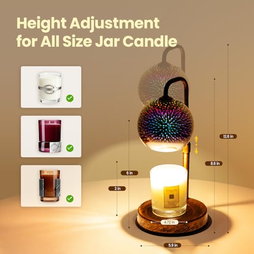 Glocusent Candle Warmer Lamp with Timer, 3D Glass Globe, Retro wood-grain metal base, Dimmable Height Adjustable Candle Warmer for Jar Candles, Home Decor & Gifts for Women, Firework patterns, 2 Bulbs