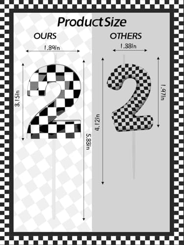Number 2 Racing Cars Birthday Candles,2.68 Inch Black White Checkered Birthday Number Candles, Cool Racing Themed Number Candles for Boys and Girls, Kids Race Car Themed Party Decorations Supplies