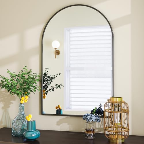 VooBang Arched Wall Mirror, 24 x 36 inch Arch Bathroom Mirror, Wall Mounted Vanity Mirror with Arch Metal Frame, Modern Bathroom Vanity Mirror for Bedroom, Living Room, Hanging or Leaning, Black