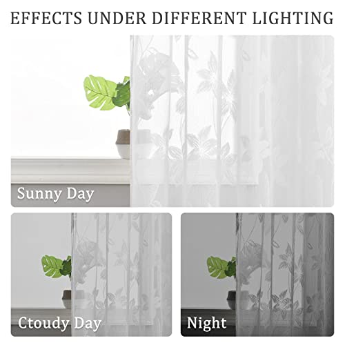 DWCN White Floral Lace Sheer Curtains - Rod Pocket Window Voile Sheer Drapes for Bedroom Kitchen Short Curtains 52 x 45 inch Length, Set of 2 Curtain Panels