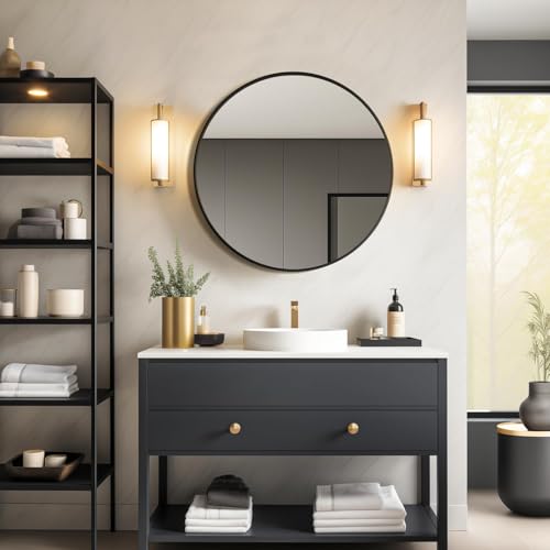 USHOWER Black Round Mirror for Over Sink 24-inch, Circle Bathroom Mirror, Metal Frame Vanity Mirror, Modern Wall Mirror for Entryway Living Room