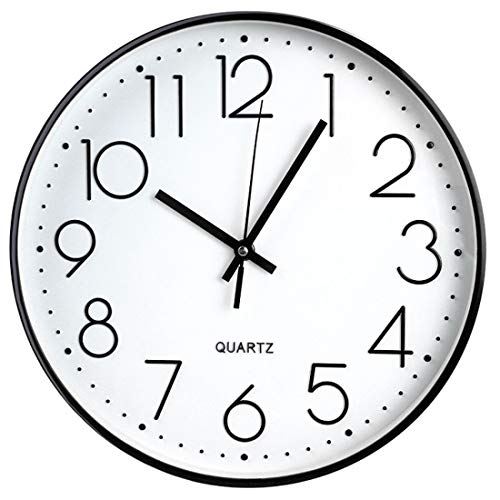 Tosnail 12 Inch Large Non Ticking Wall Clock, Round Silent Battery Operated Wall Clock for Living Room, Bathroom, Bedroom, Kitchen, Office Wall Decor - Modern Black Frame