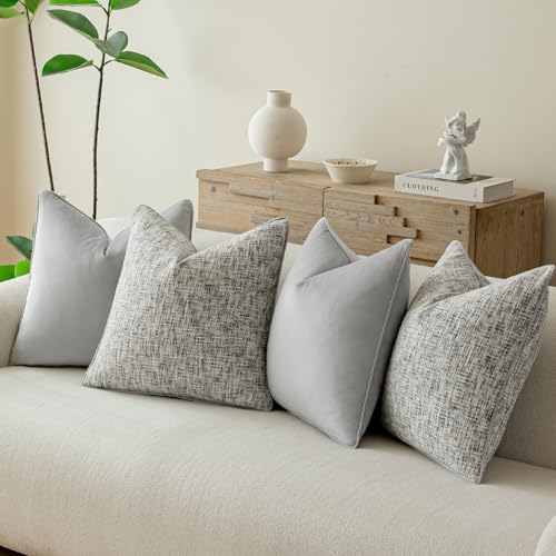 a moment Grey 4 Pack Throw Pillow Covers - Chenille & Velvet Set with Piping, Farmhouse Textured Design Pillow Cases for Couch Sofa Bed Livingroom (20x20 Inch, No Insert)
