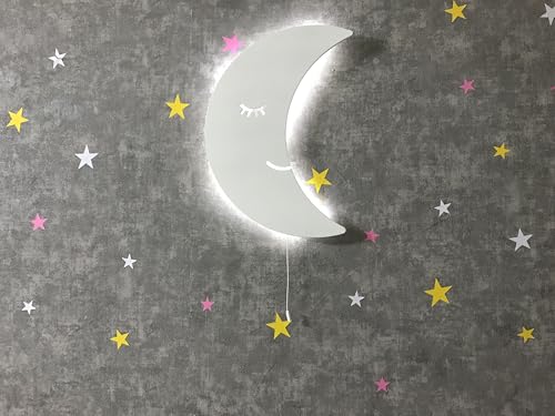 Set of 2 Moon and Cloud Night Light for Kids, Cordless Battery Operated Wall Mount Lamp Decor for Nursery & Toddler Room, Soft LED Baby Nightlight, Hanging Wall Lamps for Boys & Girls Bedroom (White)