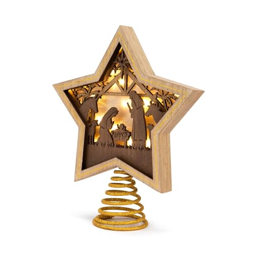 DEMDACO Lit Star Nativity Tree Topper - Glowing Gold Accented Wooden Star for Beautiful Holiday Charm - Christmas Tree Topper - Warm LED Shadow Box - Cutout Nativity Scene