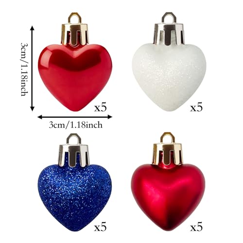 HipTree Mini Patriotic 4th of July Tree Ornaments Decorations,20ct 1.18 Inch Red White Blue Heart Shaped Baubles for Memorial Day, Independence Day,Veterans Day, Flag Day,American Party Decorations