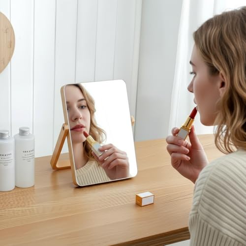 ZOROSY Desk Makeup Mirrors with Wood - Rectangle Wall-Mounted Mirrors Table Mirrors for Living Room Bedroom Birthday Gifts (10.5" L x 7.8" W)