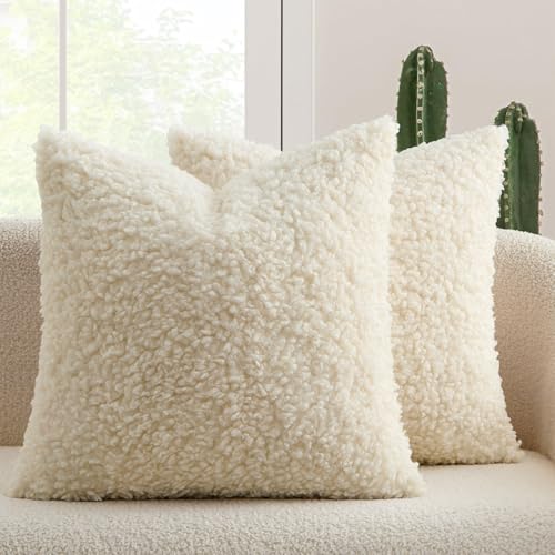 MIULEE Decorative Faux Fur Pillow Covers Sherpa 20x20 Cream White