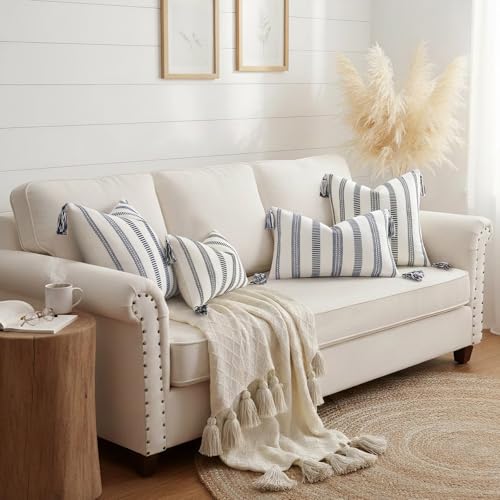 Smile Bee Spring Boho Outdoor Throw Pillow Covers Set of 2, Decorative Woven Striped Pillow Covers with Tassels for Couch Bed Sofa, 18x18 Inch, Navy Blue and Cream White