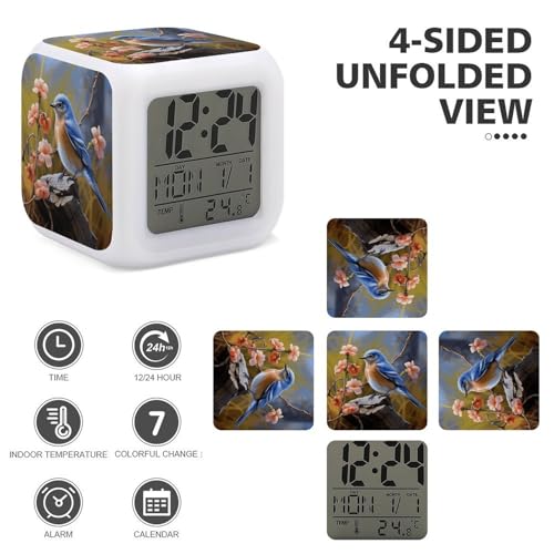 Eastern Bluebird Alarm Clocks with 7 Color Changing Night Light Exquisite Bedroom Digital Clocks with LED Temperature Display Desk Clock Ok to Wake Clocks for Heavy Sleeper
