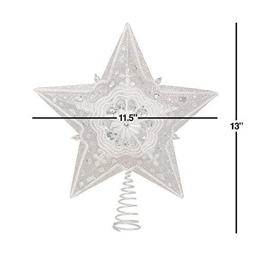 Kurt Adler Star Treetop with Ivory Pearls and Platinum Glass Glitter, 13.5-Inch