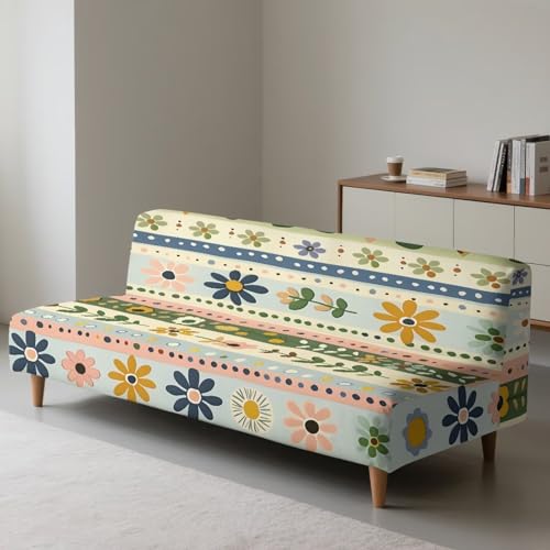 Xoenoiee Futon Sofa Bed Cover Stretch Armless Futon Slipcover Washable Elastic Sofa Couch Covers Home Furniture Protector, Boho Floral Stripes